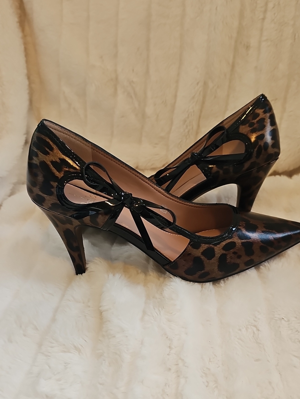 Paolo Leopard-Print Pointed Toe Heels with Black Patent Bow